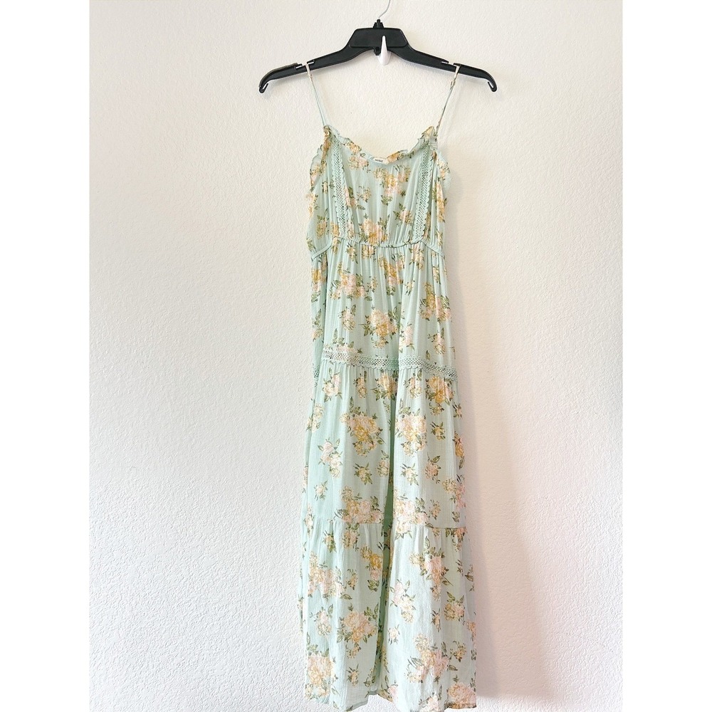 Floral Boho Festival Spring Maxi Dress Mint‎ Green Tiered Lace Trim SZ S